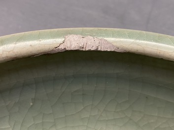 A large Chinese Longquan celadon tripod incense burner, Ming